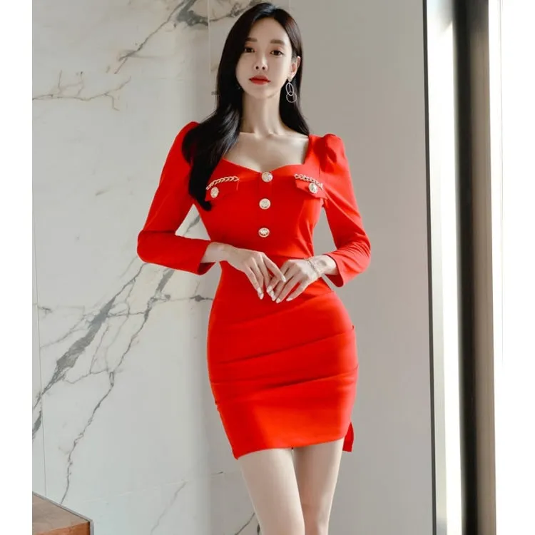 Elegant Summer Women's Solid Button Decor Pullover Mini Pencil Dresses