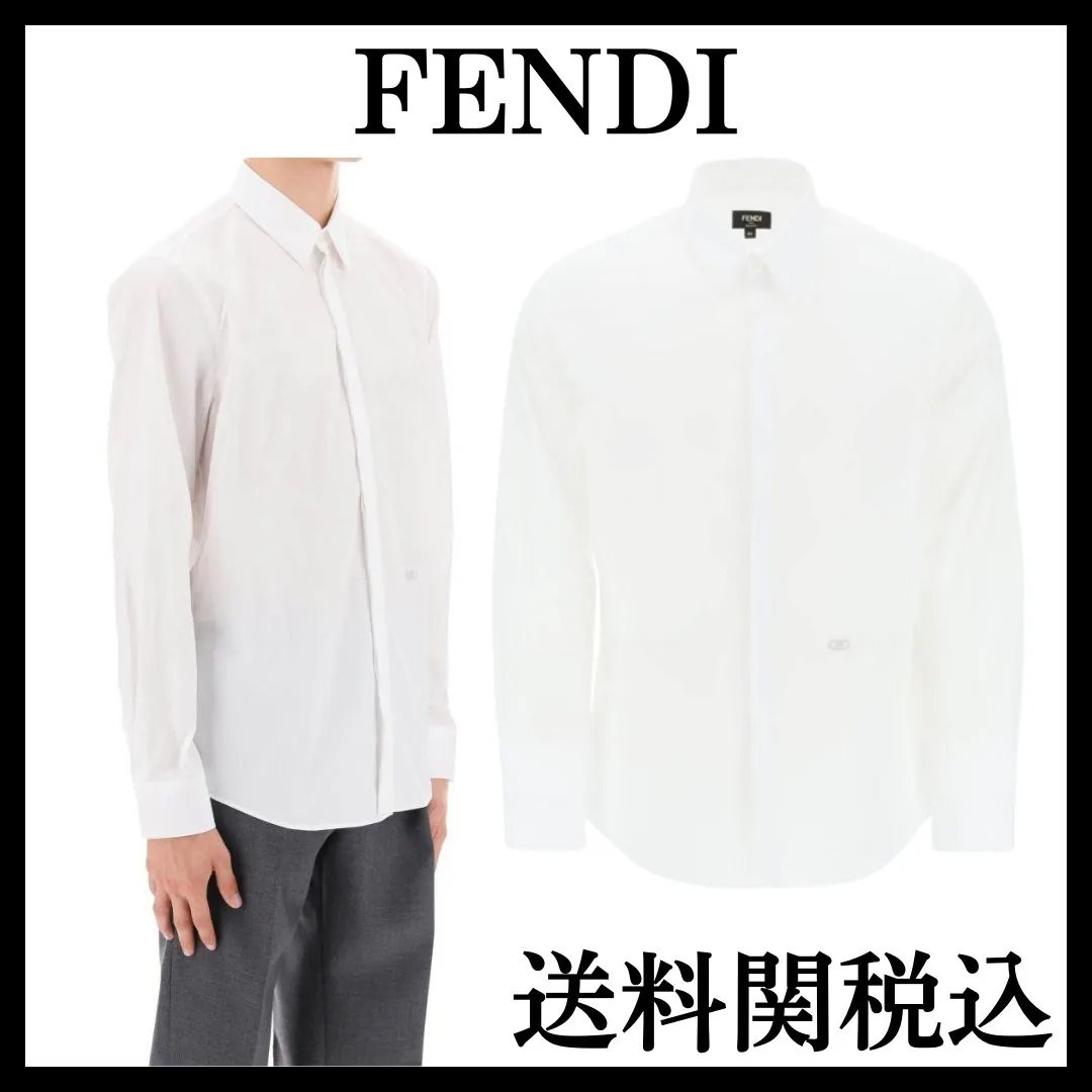 FENDI  |Long Sleeves Plain Cotton Logo Luxury Shirts