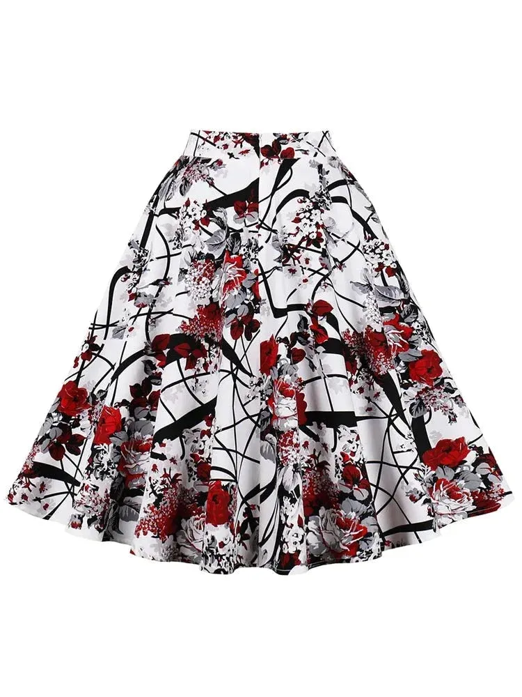 Floral Print Cotton Midi Skirts for Women Summer 50s Vintage Zipper Back A-Line Elegant Swing Skirt