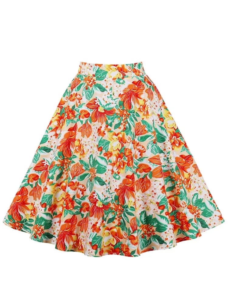 Floral Print Cotton Midi Skirts for Women Summer 50s Vintage Zipper Back A-Line Elegant Swing Skirt