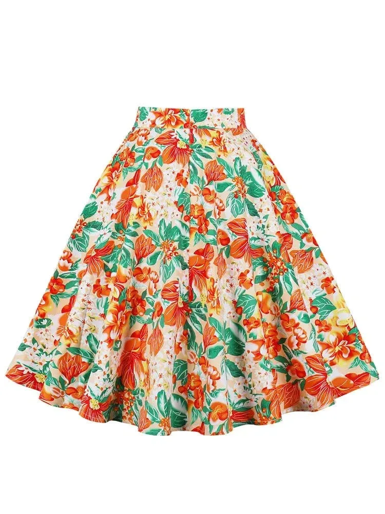 Floral Print Cotton Midi Skirts for Women Summer 50s Vintage Zipper Back A-Line Elegant Swing Skirt