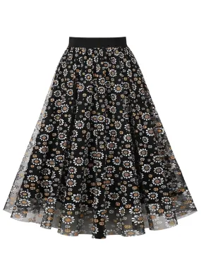 Floral Print Mesh Vintage Midi Skirts for Woman Elastic Waist Elegant Black Pleated A-Line Casual Long Skirt