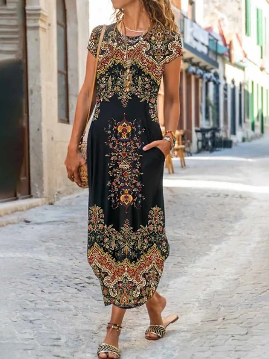 Floral Tribal Retro Vintage Maxi Dress with V-Neck and Short Sleeves