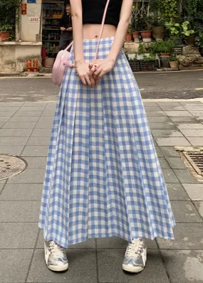 French Blue White Plaid High Waist Wrinkled Maxi Skirts Summer