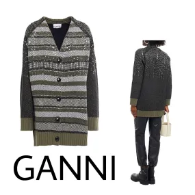 Ganni  |Stripes Casual Style Wool Nylon Blended Fabrics Long Sleeves