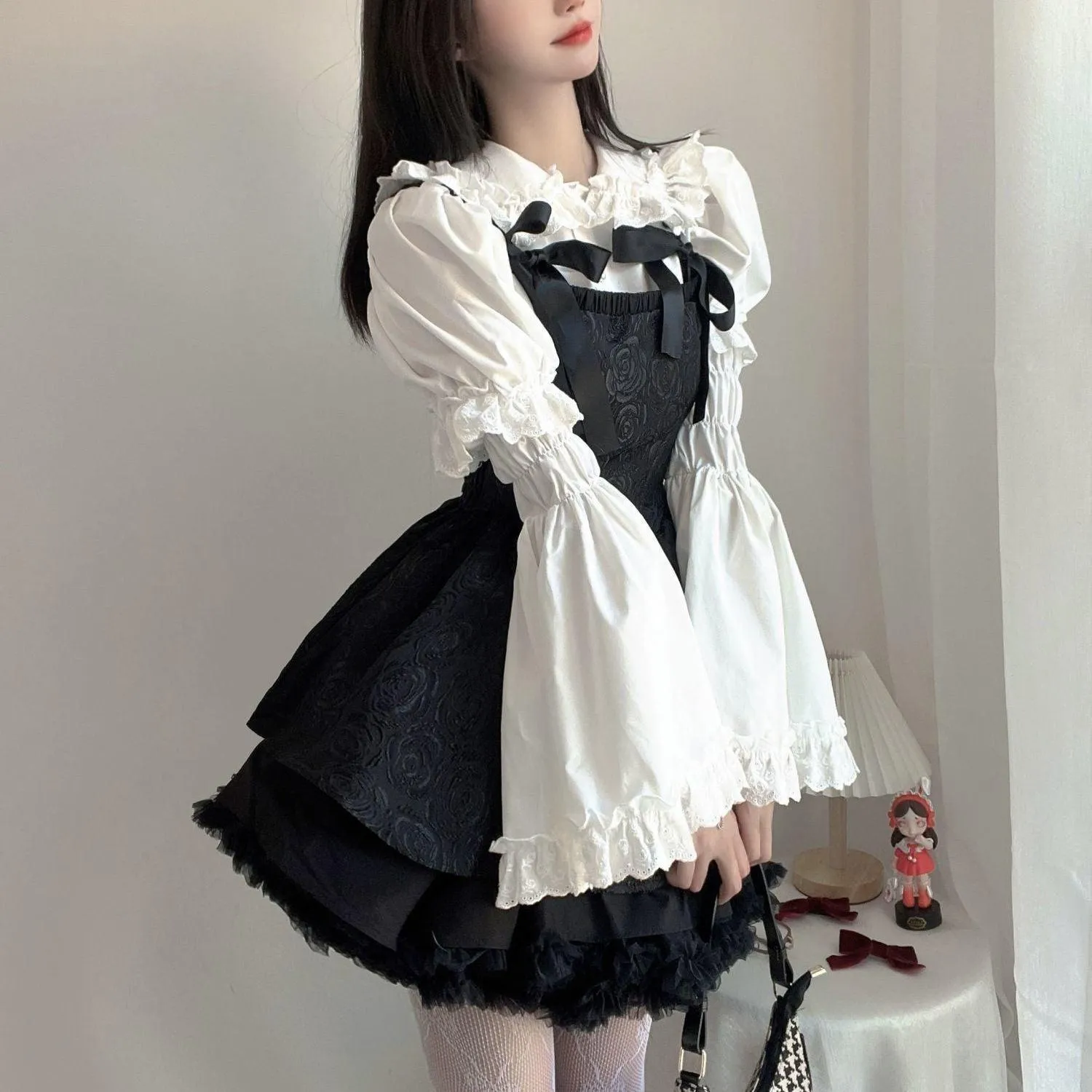 Goth Jacquard Cake Dress Dark Bow Robe Tunic Dress