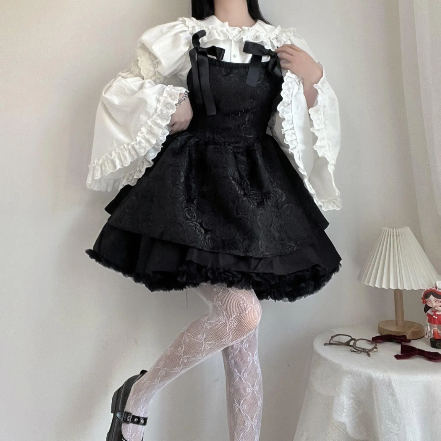 Goth Jacquard Cake Dress Dark Bow Robe Tunic Dress