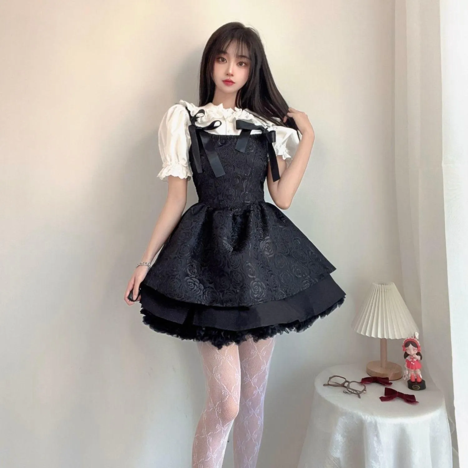 Goth Jacquard Cake Dress Dark Bow Robe Tunic Dress