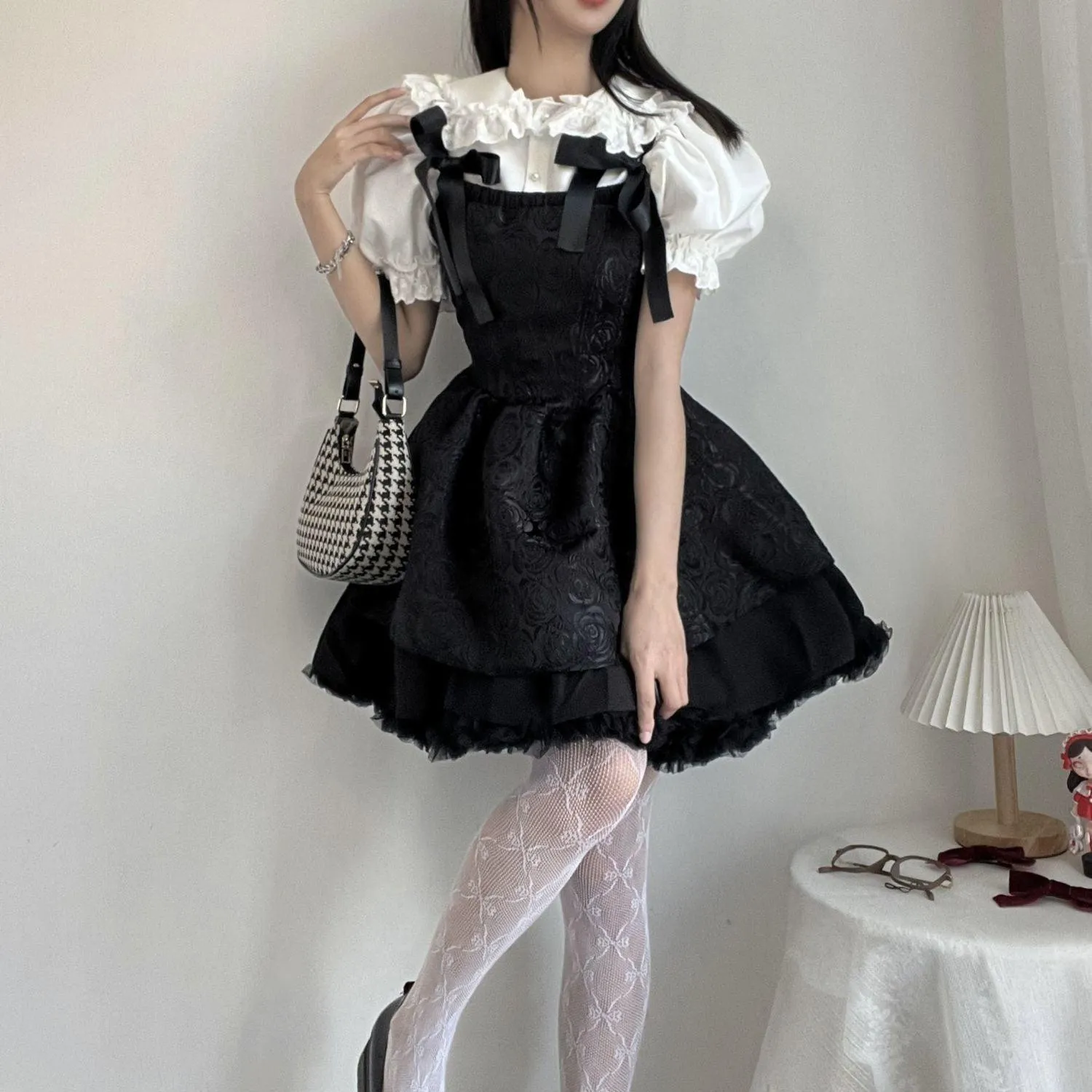 Goth Jacquard Cake Dress Dark Bow Robe Tunic Dress