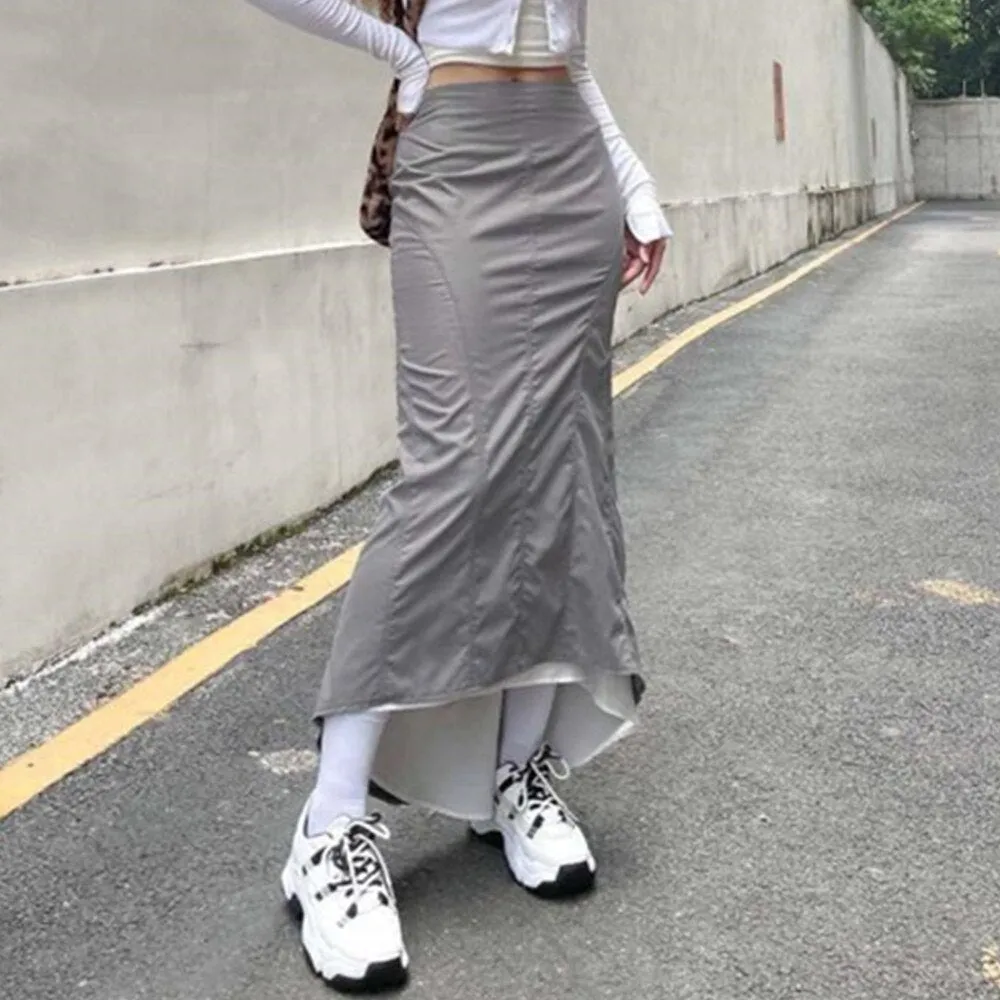 Grey Long Fairy Grunge High Waist Streetwear Retro Sexy Bodycon Asymmetrical Mermaid Ruffles Korean Midi Skirts