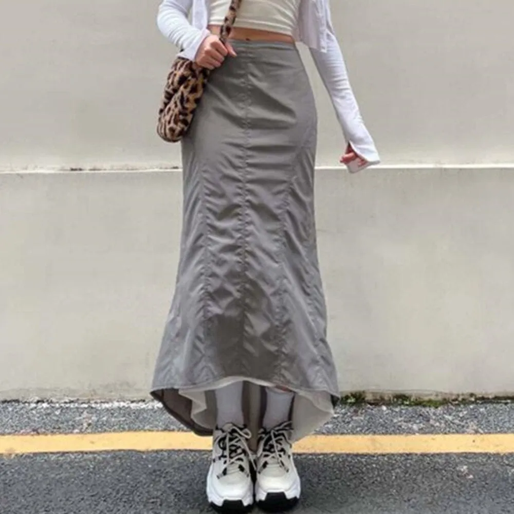 Grey Long Fairy Grunge High Waist Streetwear Retro Sexy Bodycon Asymmetrical Mermaid Ruffles Korean Midi Skirts