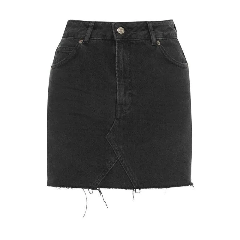 Grunge Style High Waist A-line Mini Skirts / Denim Black Alternative Jeans Skirt with Pockets