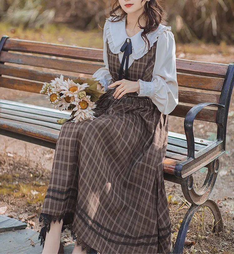 Hazel Morning Dark Academia Plaid Dress/Blouse/Set