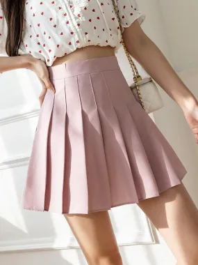 High Waist Summer Chic Solid A Line Mini Skirts Korean Zipper Preppy Style Pink Girls Short Pleated Skirt