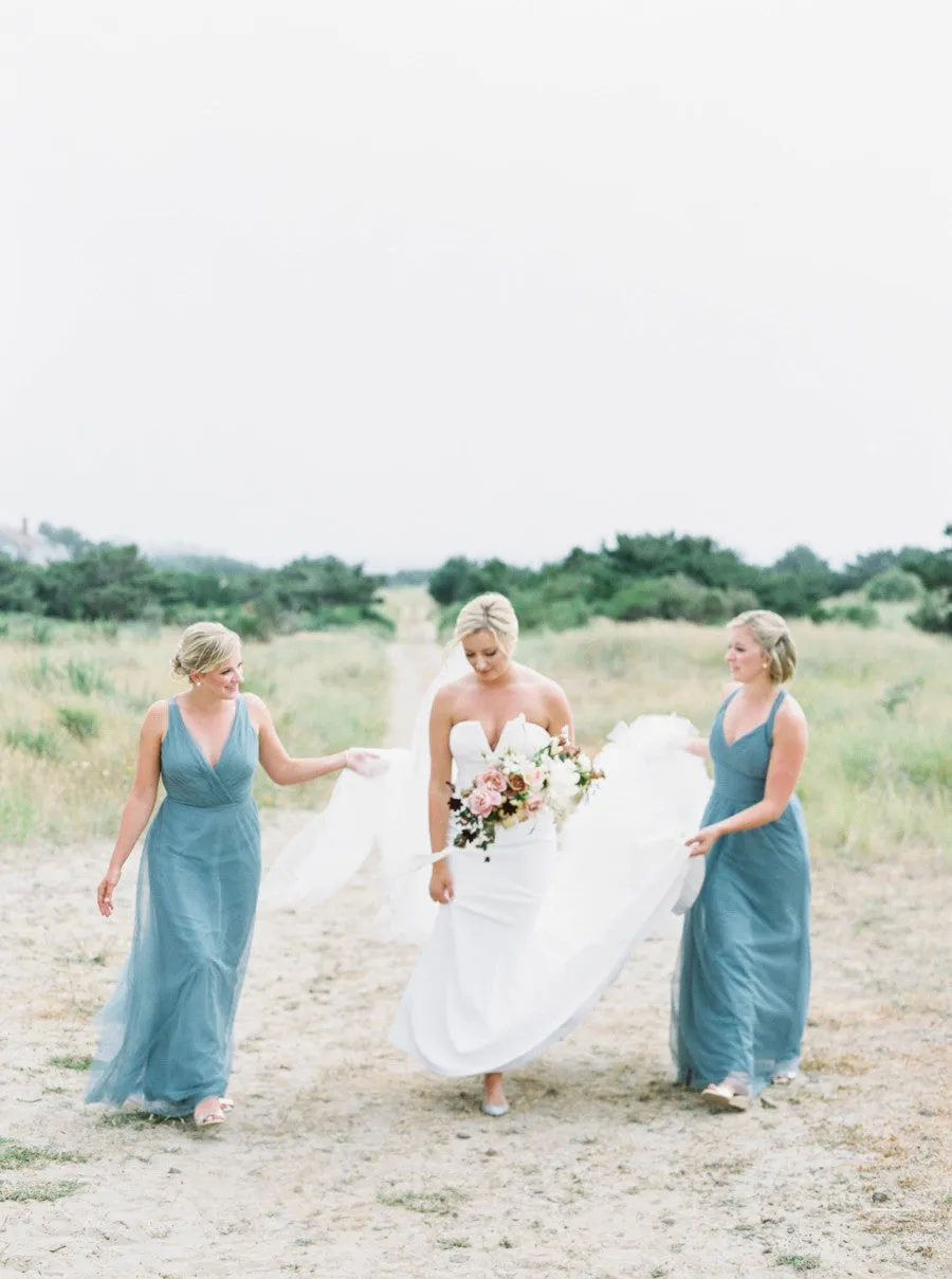 Jade Tulle V-neck Sleeveless Open Back Mismatched Long Bridesmaid Dresses, WG19