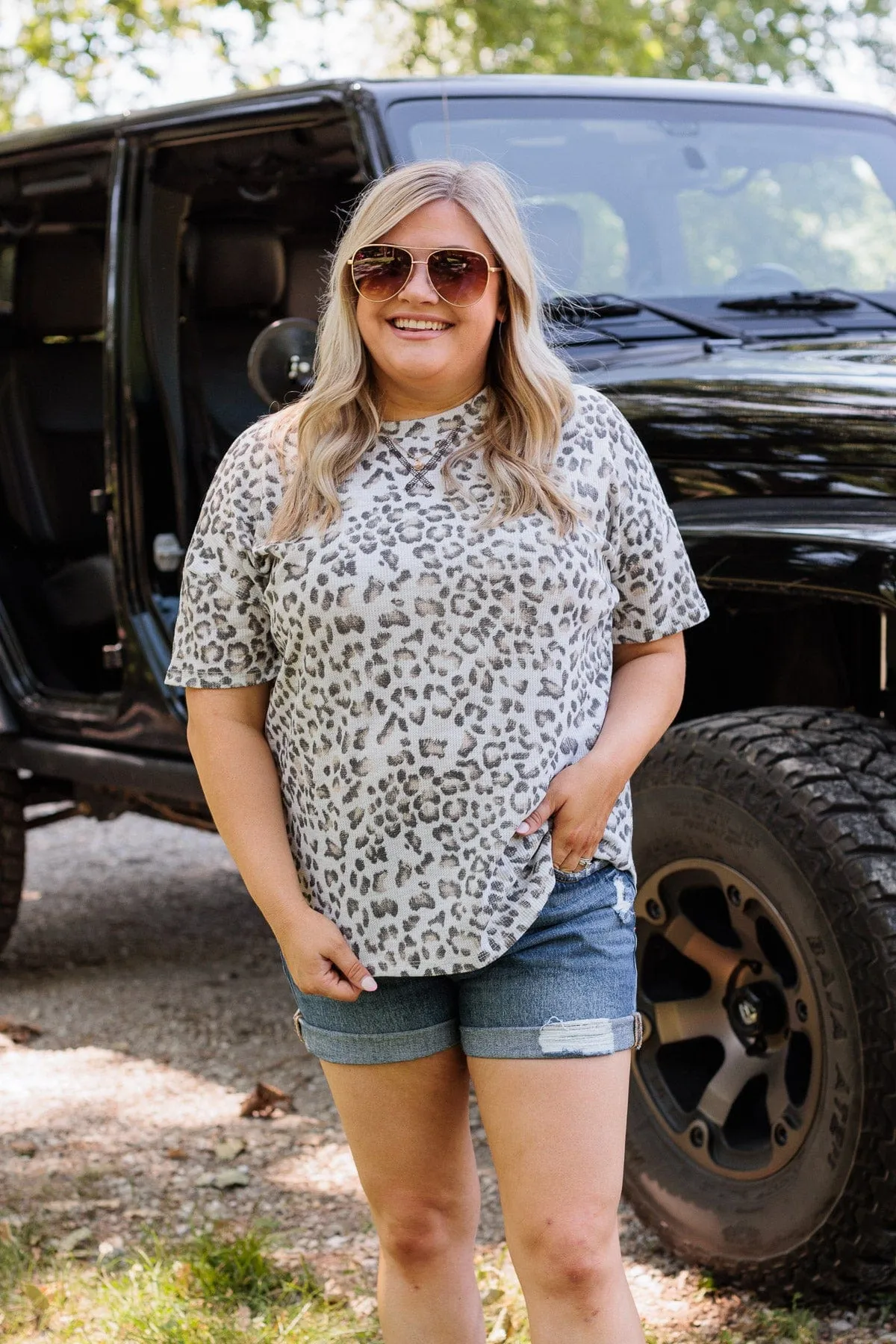 Kicked Back And Relaxed Waffle Knit Top- Off White Leopard