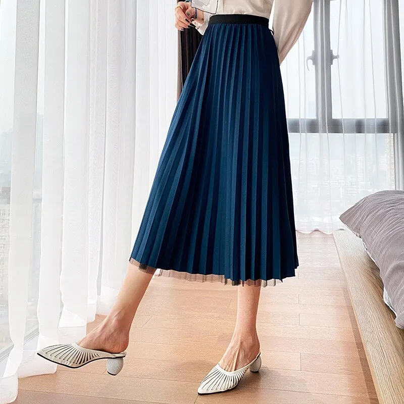 Korean Spring High Waist Solid Mesh Women Pleated Midi Skirts Casual Streetwear