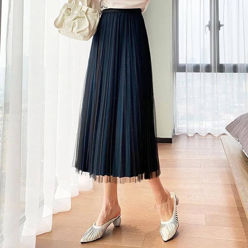 Korean Spring High Waist Solid Mesh Women Pleated Midi Skirts Casual Streetwear