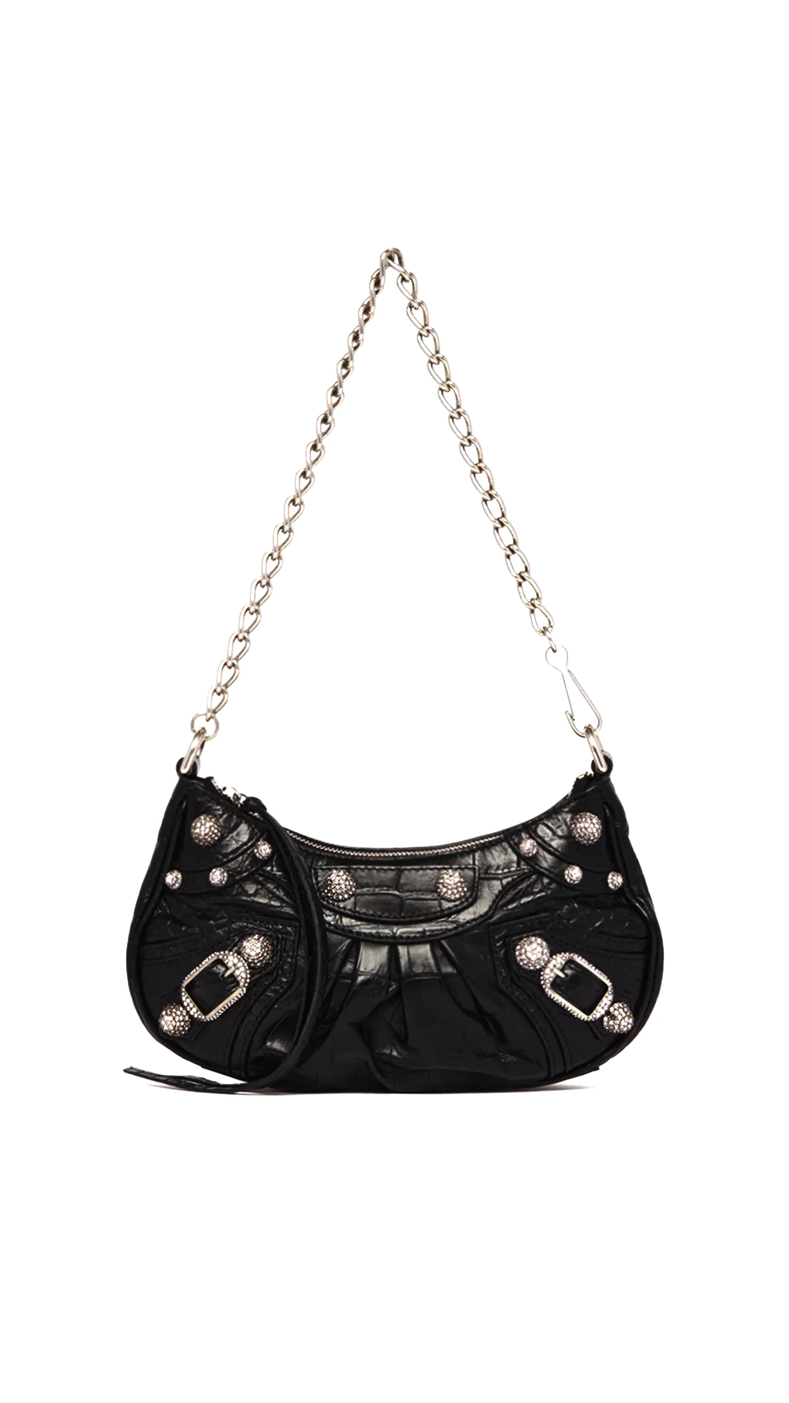 Le Cagole XS Crocodile Embossed Chain Shoulder Bag with Rhinestones - Black