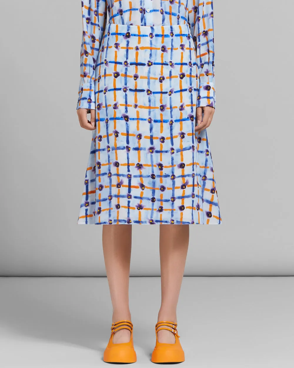 Light Blue Saraband Print Midi Skirt