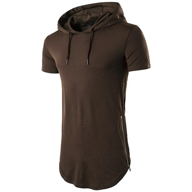 Men's Casual Extend Hem Zipper Hip Hop Streetwear Short Sleeve Hoodie