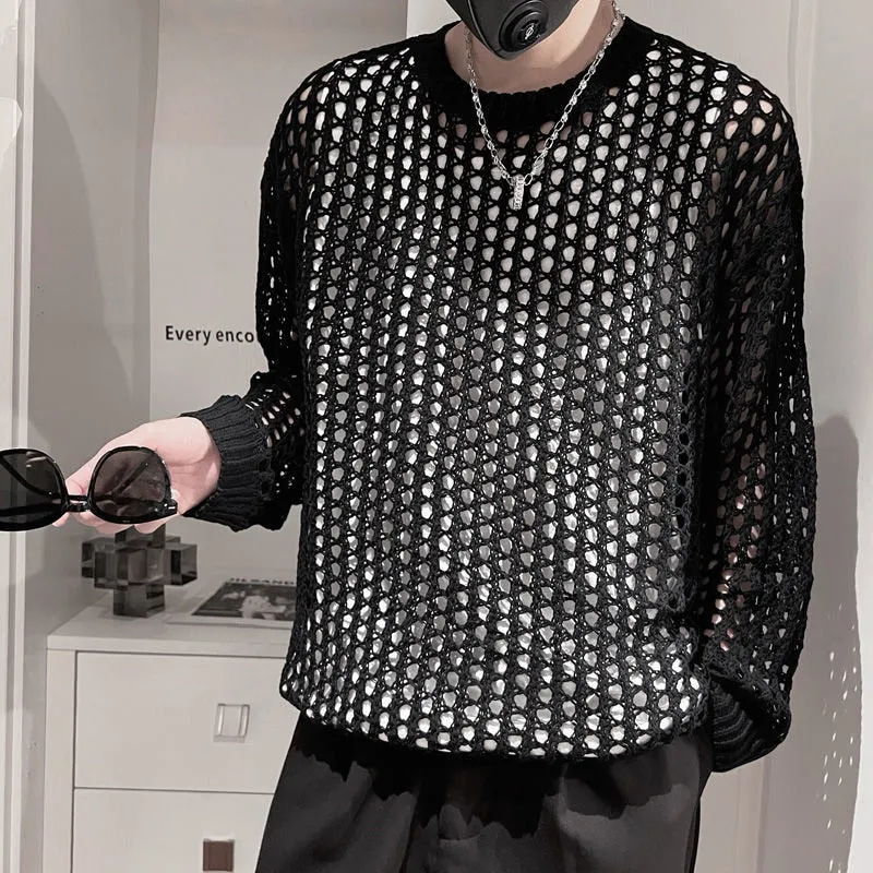 Men's Hollow Out Knitted Cool Airy Streetwear Long Sleeve Pullover T-Shirt