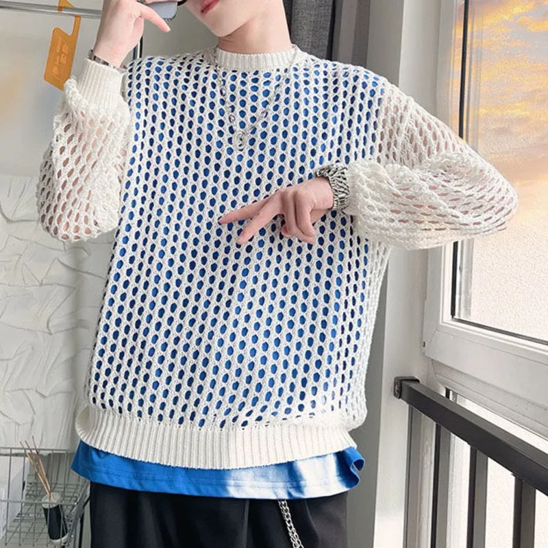 Men's Hollow Out Knitted Cool Airy Streetwear Long Sleeve Pullover T-Shirt