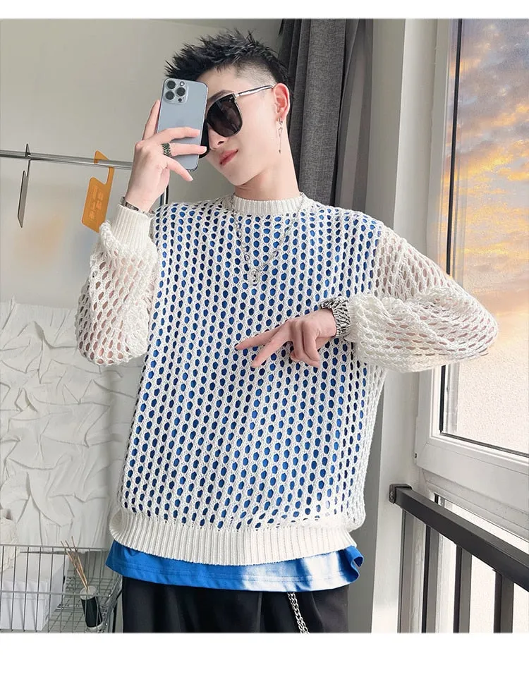 Men's Hollow Out Knitted Cool Airy Streetwear Long Sleeve Pullover T-Shirt