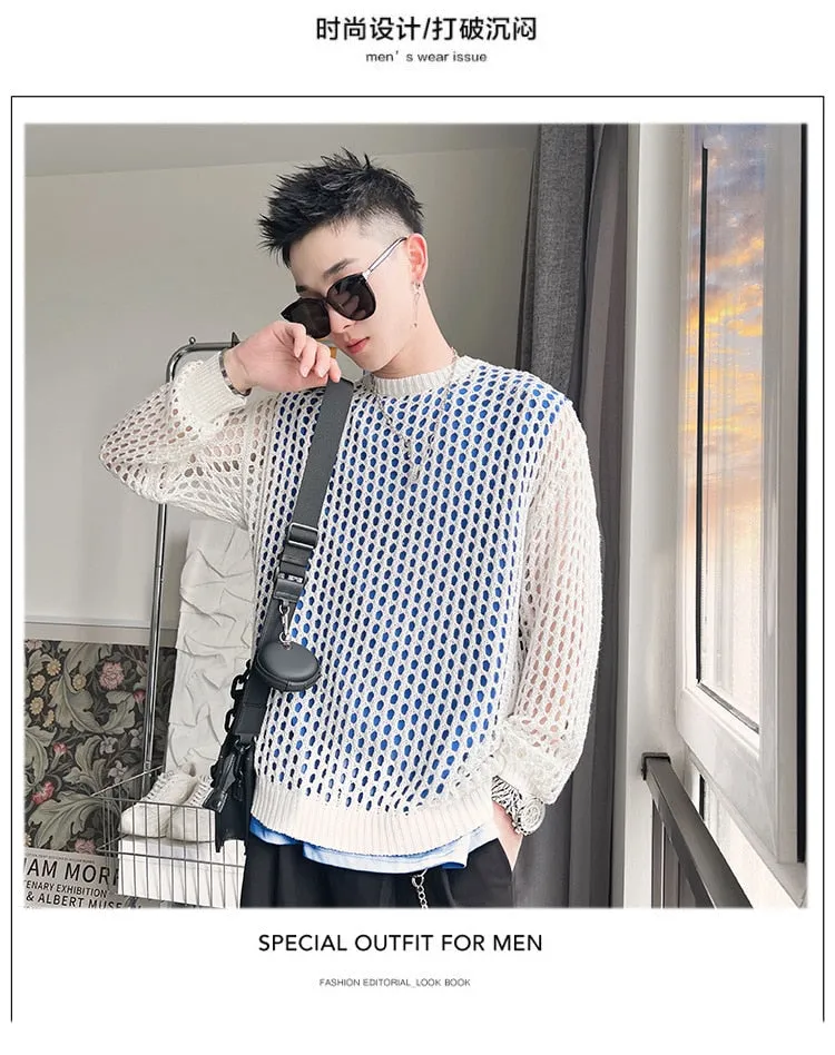 Men's Hollow Out Knitted Cool Airy Streetwear Long Sleeve Pullover T-Shirt