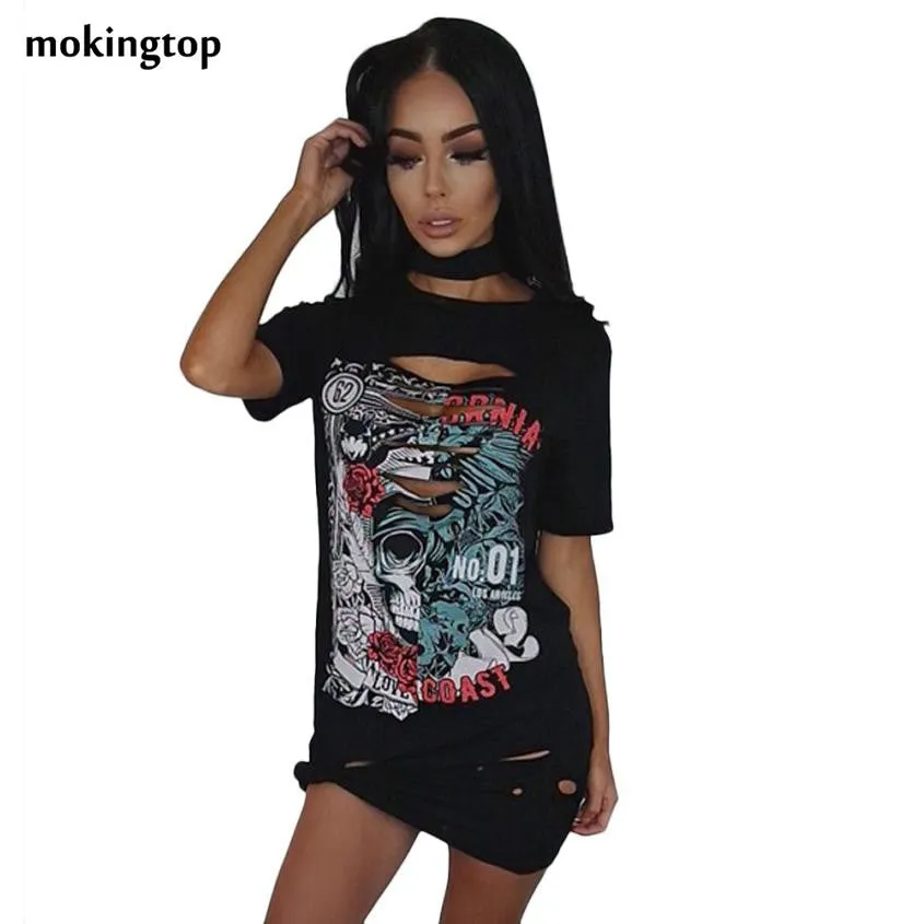 mokingtop Casual Dress Rock Gothic Printed Short Sleeve Holes Women Dresses Short Sleeve Mini Dress Vestidos#1521 SM6