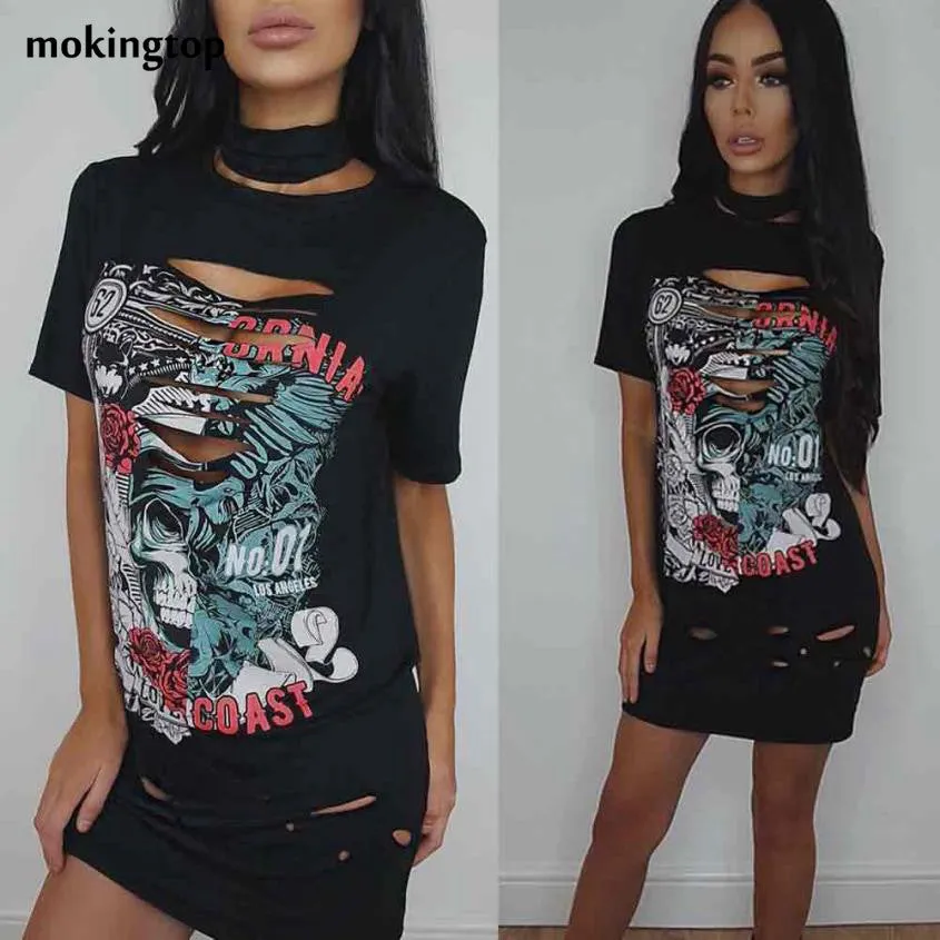 mokingtop Casual Dress Rock Gothic Printed Short Sleeve Holes Women Dresses Short Sleeve Mini Dress Vestidos#1521 SM6