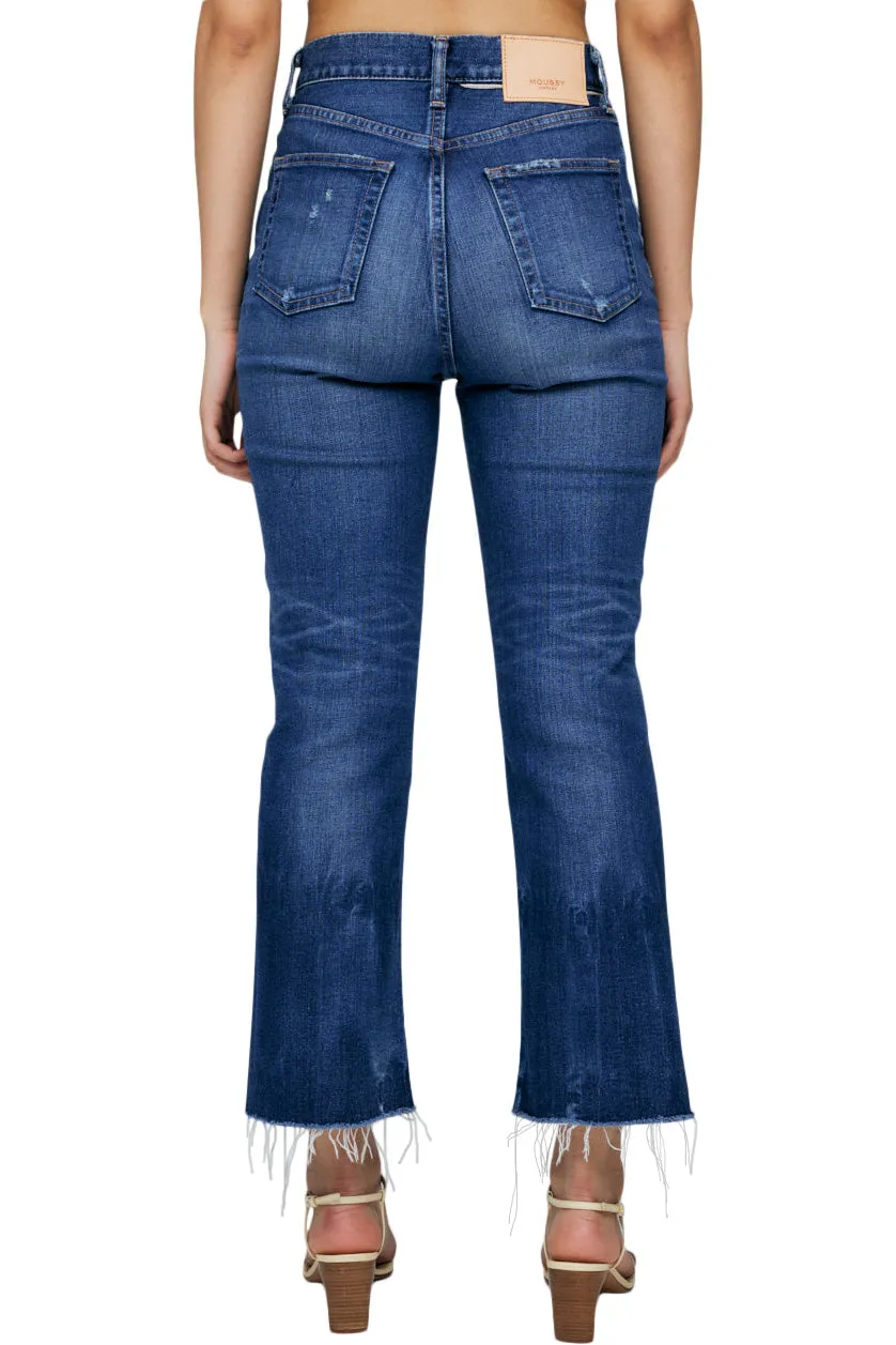 Moussy Denim Rhode Cropped Flare High Rise Jeans in Dark Blue