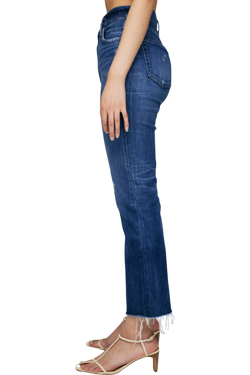 Moussy Denim Rhode Cropped Flare High Rise Jeans in Dark Blue