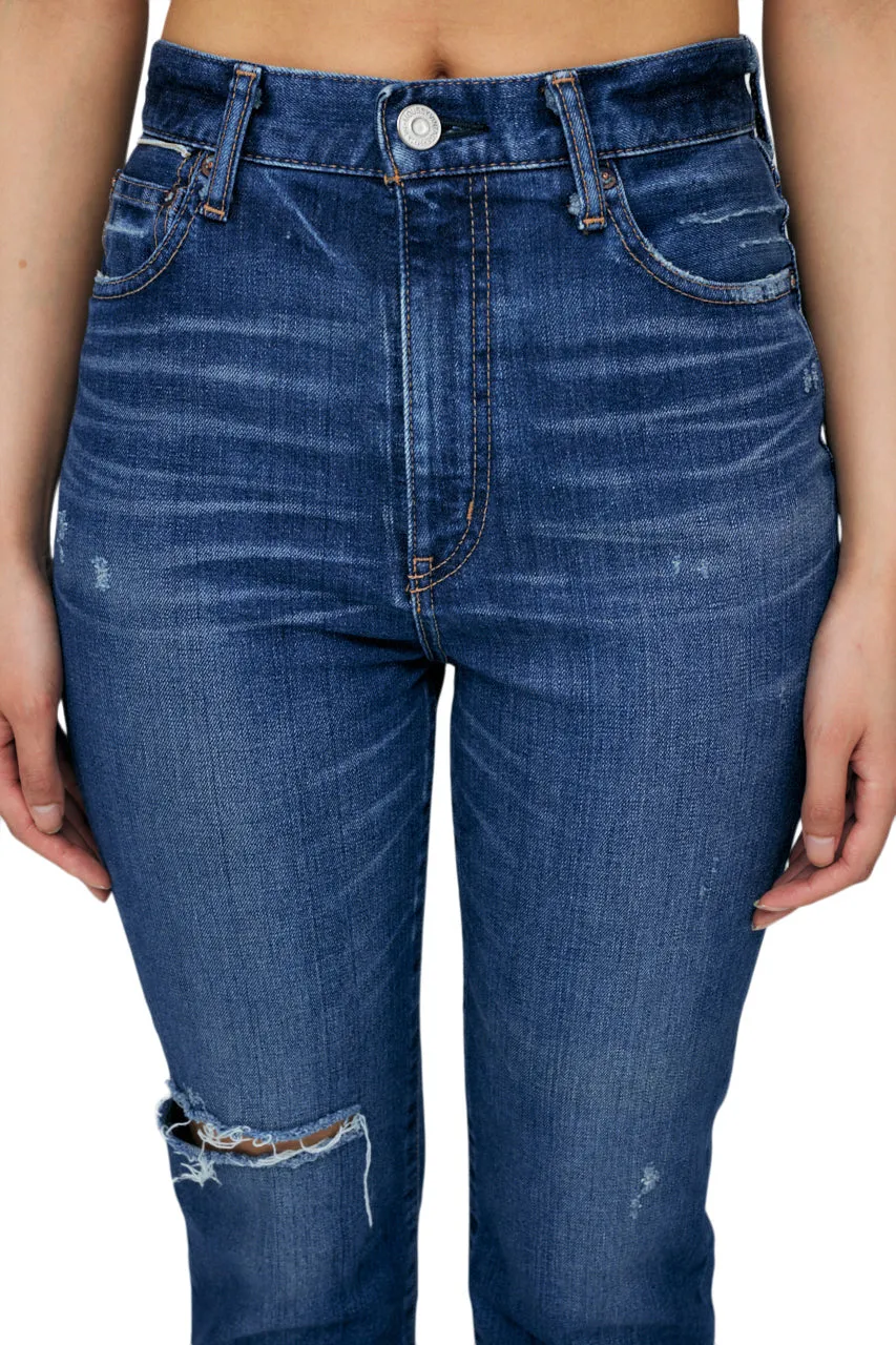 Moussy Denim Rhode Cropped Flare High Rise Jeans in Dark Blue