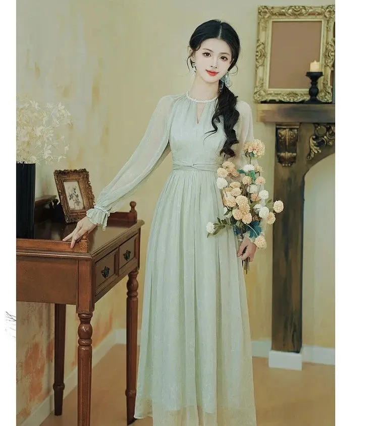 Nafia Seafoam-Green Pearl Beaded Romantic Princess Dress