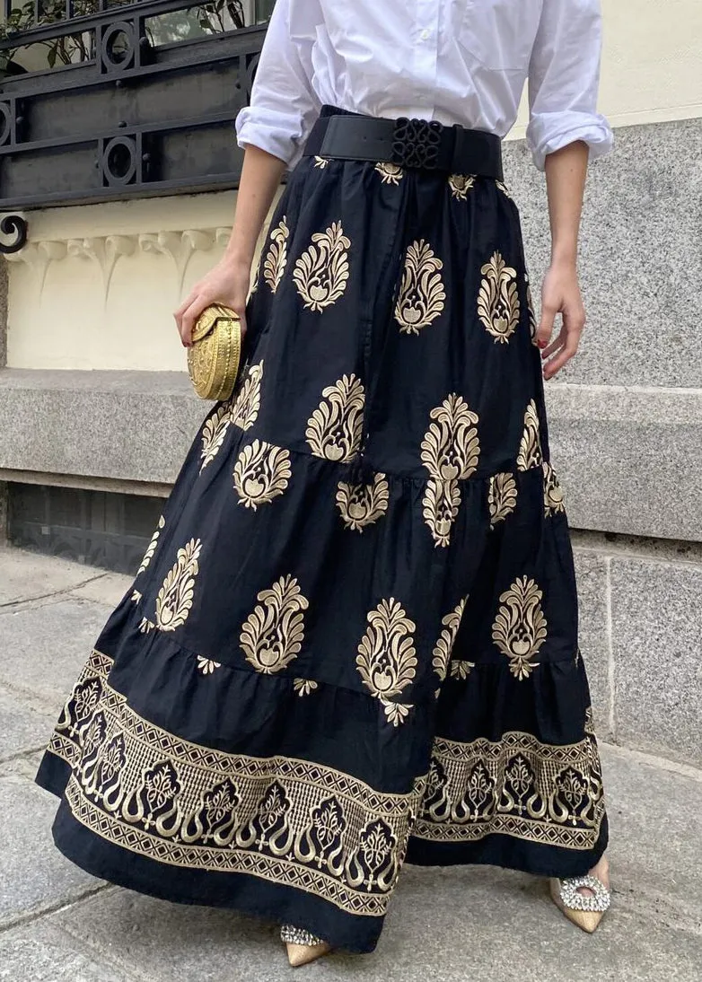 New Black Print High Waist Cotton Maxi Skirts Fall