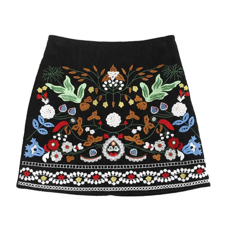 New  Fashion Summer Skirt Floral Leaves Embroidery A-Line National Style Faldas Mini Skirts Woman Retro High Waist Skirts SM6