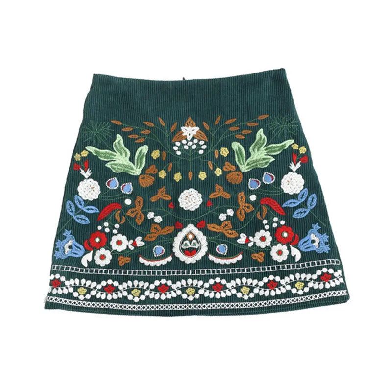 New  Fashion Summer Skirt Floral Leaves Embroidery A-Line National Style Faldas Mini Skirts Woman Retro High Waist Skirts SM6