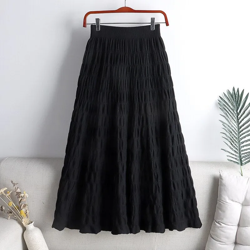 New High Waist Women Casual Knitted Midi Skirts Elastic Waist Elegant A Line Long Skirts