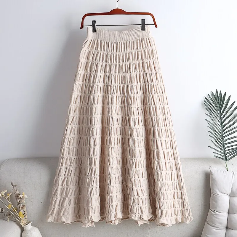 New High Waist Women Casual Knitted Midi Skirts Elastic Waist Elegant A Line Long Skirts