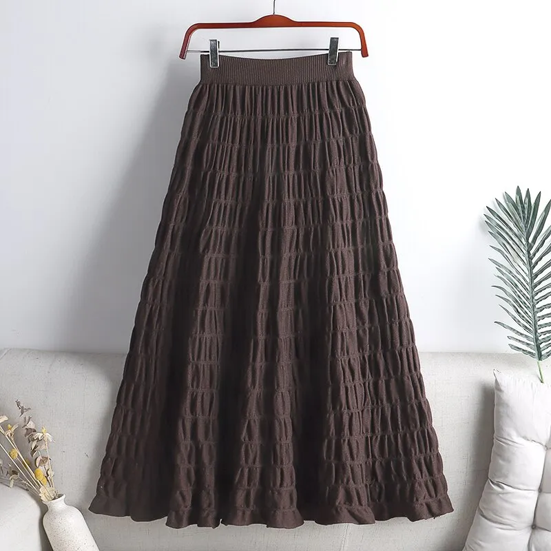 New High Waist Women Casual Knitted Midi Skirts Elastic Waist Elegant A Line Long Skirts