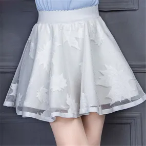 New  Leaves Lace Embroidery Tulle Skirt Mini Skirts Fashion Woman Translucence High Waist Skirts Pleated Skirt 72559 SM6