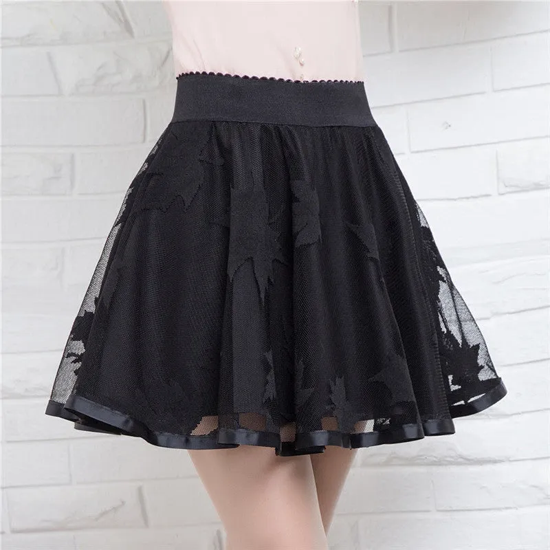 New  Leaves Lace Embroidery Tulle Skirt Mini Skirts Fashion Woman Translucence High Waist Skirts Pleated Skirt 72559 SM6