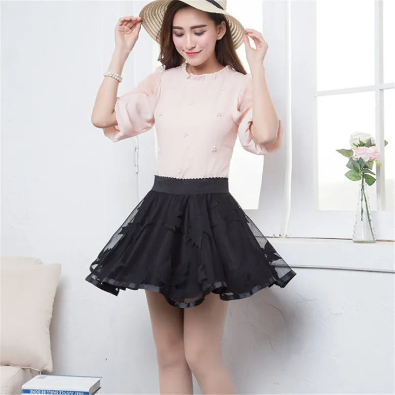 New  Leaves Lace Embroidery Tulle Skirt Mini Skirts Fashion Woman Translucence High Waist Skirts Pleated Skirt 72559 SM6