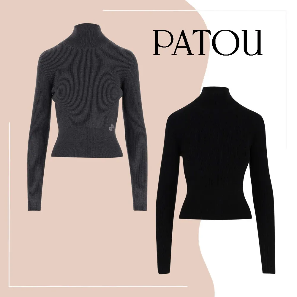 PATOU  |Wool Rib Long Sleeves Plain High-Neck Logo