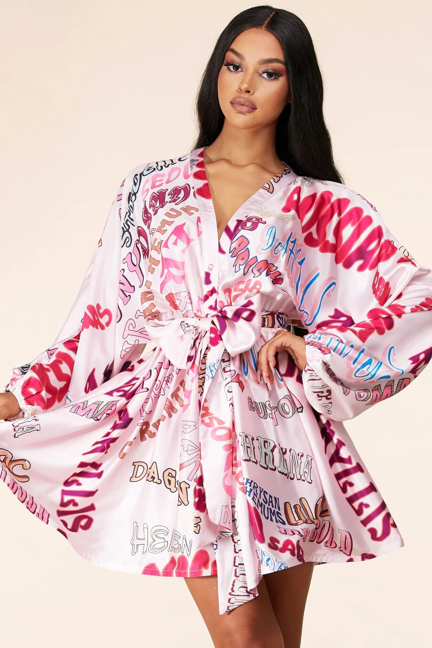 Pink Pop Long Sleeve Graphic Print Mini Dress