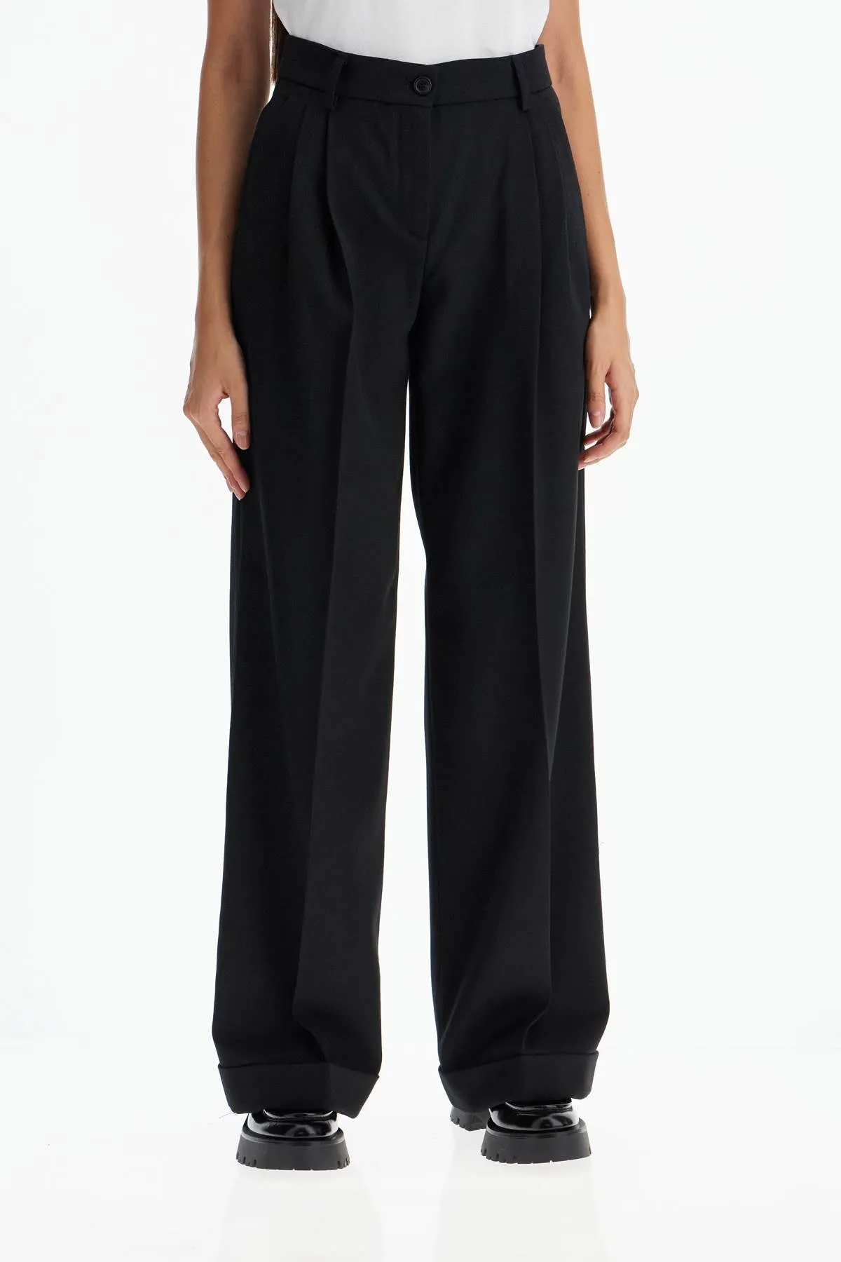 Pinko Twill Wide Leg Trousers In Pal   Black