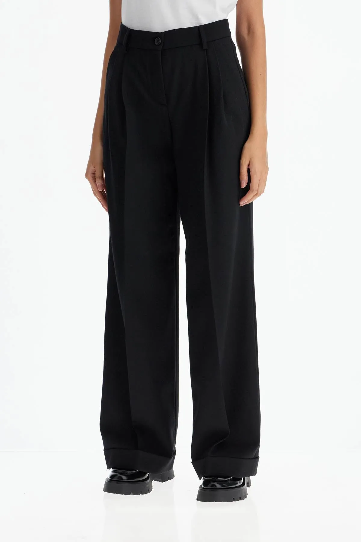 Pinko Twill Wide Leg Trousers In Pal   Black