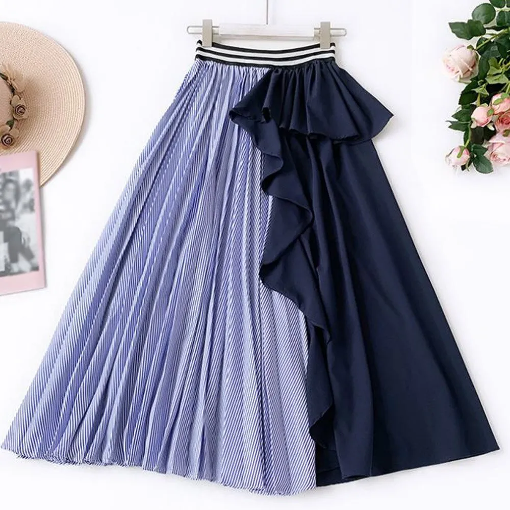 Pleated Chiffon High Waist Women Maxi Skirts Midi Length Striped Long Skirt