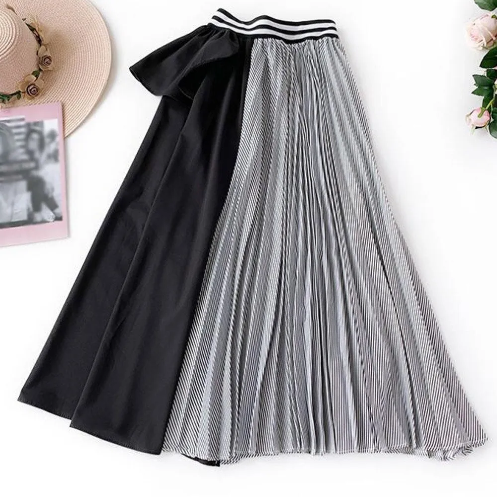 Pleated Chiffon High Waist Women Maxi Skirts Midi Length Striped Long Skirt